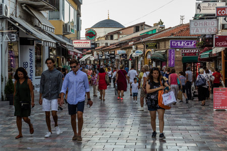 OHRID, NORTH MACEDONIA - AUGUST 7, 2019: Pedestrian street in the old town of Ohrid town, North Macedoniaのeditorial素材