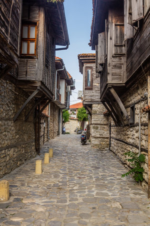 Narrow cobbled street in Nesebar, Bulgariaの写真素材