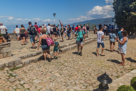 SVETI NAUM, NORTH MACEDONIA - AUGUST 8, 2019: People visit Sveti Naum monastery on Lake Ohrid, North Macedoniaのeditorial素材