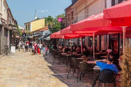 SKOPJE, NORTH MACEDONIA - AUGUST 9, 2019: Street in Charshija (Bazaar) neighborhood of Skopje, North Macedoniaのeditorial素材