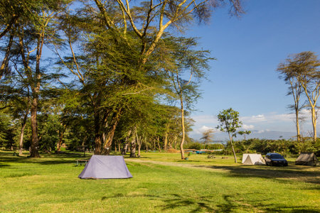 View of a camping site near Naivasha lake, Kenyaの写真素材