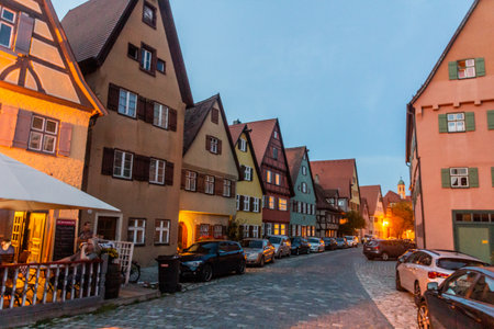 DINKELSBUHL, GERMANY - AUGUST 28, 2019: Evening view of a street in Dinkelsbuhl, Bavaria state, Germanyのeditorial素材
