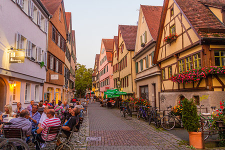 TUBINGEN, GERMANY - AUGUST 30, 2019: Evening view of pedestrian street in Tubingen, Germanyのeditorial素材