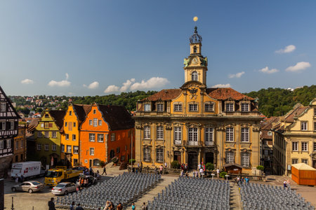 SCHWABISCH HALL, GERMANY - AUGUST 30, 2019: Town hall at Marktplatz (Market Square) in Schwabisch Hall, Germanyのeditorial素材