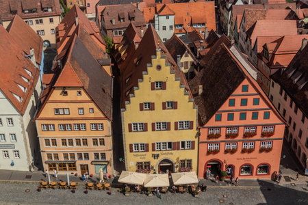 ROTHENBURG, GERMANY - AUGUST 29, 2019: Houses of the old town of Rothenburg ob der Tauber, Bavaria state, Germanyのeditorial素材