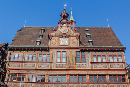 TUBINGEN, GERMANY - AUGUST 31, 2019: Town hall at Marktplatz square in Tubingen, Germanyのeditorial素材