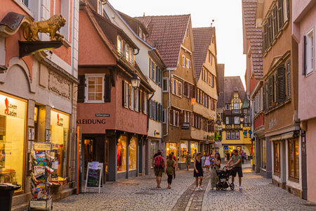 TUBINGEN, GERMANY - AUGUST 30, 2019: Pedestrian street in Tubingen Germanyのeditorial素材