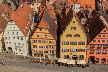 ROTHENBURG, GERMANY - AUGUST 29, 2019: Aerial view of the old town of Rothenburg ob der Tauber, Bavaria state, Germanyのeditorial素材