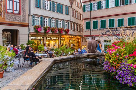 TUBINGEN, GERMANY - AUGUST 30, 2019: Fountain at Marktplatz square in Tubingen, Germany