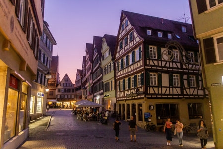 TUBINGEN, GERMANY - AUGUST 30, 2019: Evening view of pedestrian street in Tubingen, Germanyのeditorial素材