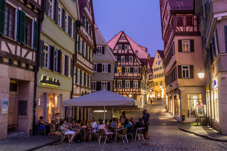 TUBINGEN, GERMANY - AUGUST 30, 2019: Evening view of pedestrian street in Tubingen, Germanyのeditorial素材