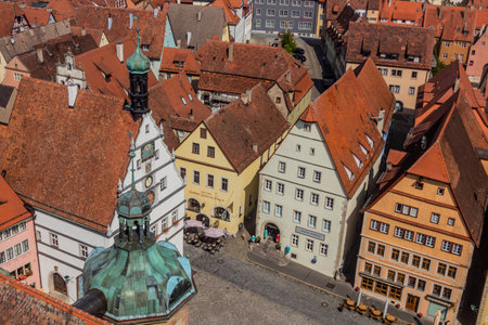 ROTHENBURG, GERMANY - AUGUST 29, 2019: Aerial view of the old town of Rothenburg ob der Tauber, Bavaria state, Germanyのeditorial素材