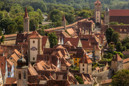 Aerial view of the old town of Rothenburg ob der Tauber, Bavaria state, Germanyの写真素材