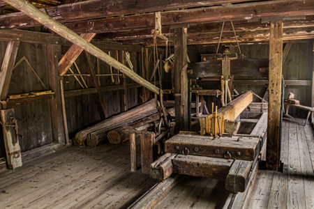 GUTACH, GERMANY - SEPTEMBER 2, 2019: Old sawmill in Black Forest Open Air Museum in Gutach village in Baden-Wuerttemberg, Germanyのeditorial素材