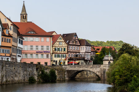 SCHWABISCH HALL, GERMANY - AUGUST 30, 2019: Half timbered houses in Schwabisch Hall, Germanyの写真素材