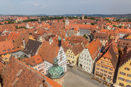 Aerial view of the old town of Rothenburg ob der Tauber, Bavaria state, Germanyの写真素材
