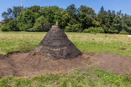 Charcoal pile model at Raichberg mountain in Swabian Jura in the state of Baden-Wuerttemberg, Germanyの写真素材