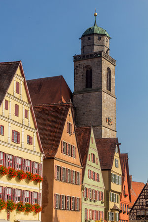 Medieval houses and St Georg church tower in Dinkelsbuhl, Bavaria state, Germanyの写真素材