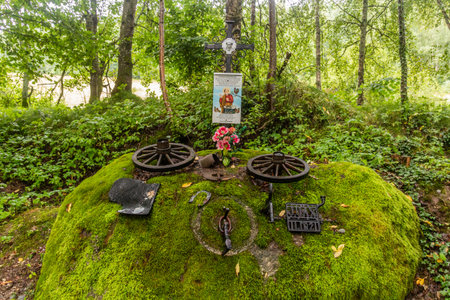 PETREJOV, CZECHIA - AUGUST 4, 2020: Remembrance cross at the location of a former village Petrejov (Bretterschlag), Czech Republicのeditorial素材