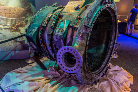 PRAGUE, CZECHIA - JULY 10, 2020: Part of Saturn 5 rocket engine at Cosmos Discovery Space Exhibition...