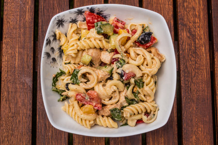 Top view of pasta salad bowlの写真素材