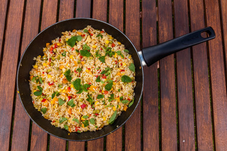 Pan of rice with vegetablesの写真素材