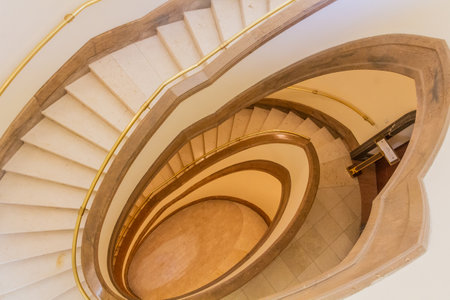 PRAGUE, CZECH REPUBLIC - SEPTEMBER 6, 2020: Spiral stairway of the Lichtenstejnsky palac (Liechtenstein Palace) in Prague, Czech Republicのeditorial素材