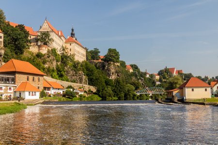 View of Bechyne town and Dolni mlyn weir at Luznice river, Czech Republicの写真素材