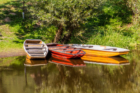 Small boats on Luznice river, Czech Republic