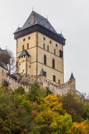 Autumn view of the tower of Karlstejn castle, Czech Republicの写真素材