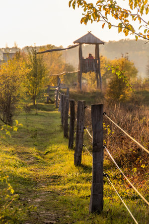 Electric fence around Milovice Nature Reserve hosting wild horse and aurochs, Czech Republicの写真素材
