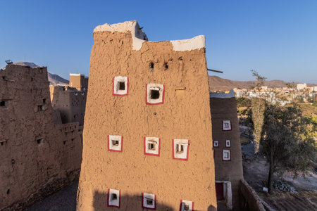 Traditional mud-brick houses in Dhahran al Janub, Saudi Arabiaの写真素材