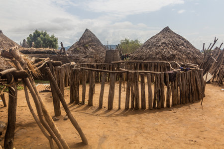 Huts and a goat pen in Korcho village, Ethiopiaの写真素材