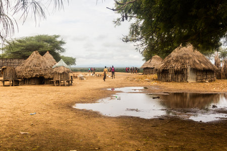 KORCHO, ETHIOPIA - FEBRUARY 4, 2020: View of Korcho village inhabited by Karo tribe, Ethiopiaのeditorial素材