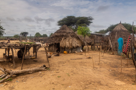 KORCHO, ETHIOPIA - FEBRUARY 4, 2020: View of Korcho village in Omo valley, Ethiopiaのeditorial素材