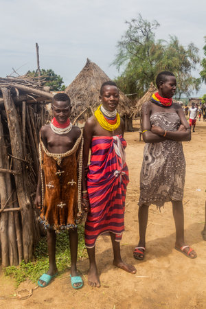 KORCHO, ETHIOPIA - FEBRUARY 4, 2020: Members of Karo tribe in their Korcho village, Ethiopia