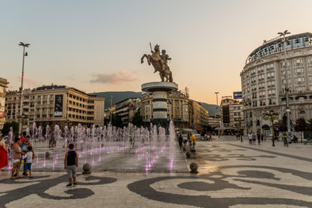 SKOPJE, NORTH MACEDONIA - AUGUST 9, 2019: Alexander the Great (Warrior on a horse) monument on the Macedonia square in Skopje, North Macedoniaのeditorial素材