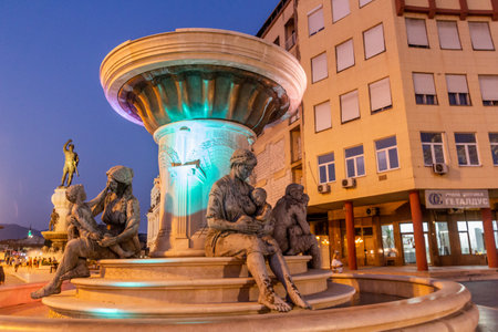 SKOPJE, NORTH MACEDONIA - AUGUST 9, 2019: Detail of the Fountain of the Mothers of Macedonia in Skopje, North Macedoniaのeditorial素材