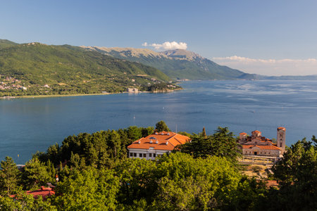 View of Ohrid lake from Ohrid town with the Church of St. John at Kaneo, North Macedonia