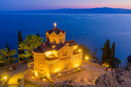 Evening view of the Church of St. John at Kaneo by Ohrid lake, North Macedonia
