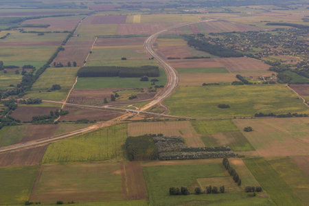 Aerial view of M4 motorway construction site east of Budapest, Hungary
