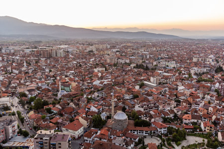 Evening aerial view of Prizren town, Kosovo