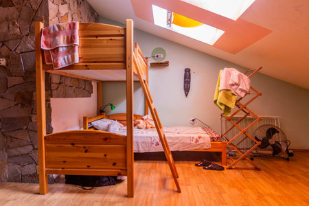 SOZOPOL, BULGARIA - JULY 24, 2019: Dorm room of Just a Hostel in Sozopol, Bulgaria