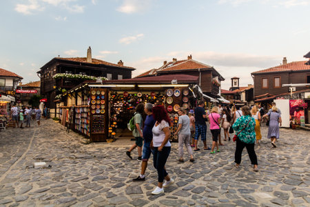 NESEBAR, BULGARIA - JULY 24, 2019: Tourists on a street in Nesebar, Bulgaria