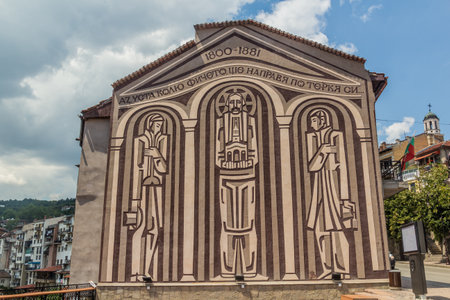 VELIKO TARNOVO, BULGARIA - JULY 26, 2019: Sgraffito on a house in Veliko Tarnovo town, Bulgariaのeditorial素材