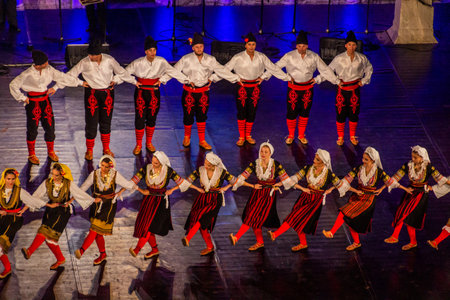 PLOVDIV, BULGARIA - JULY 29, 2019: Participants of the XV International Folklore Festival in the Roman theatre in Plovdiv, Bulgariaのeditorial素材