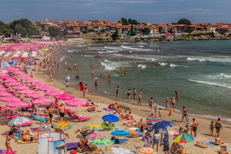 SOZOPOL, BULGARIA - JULY 24, 2019: View of a beach in Sozopol, Bulgariaのeditorial素材