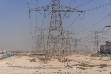 Pylons of high voltage electric transmission lines in Dubai, United Arab Emirates.