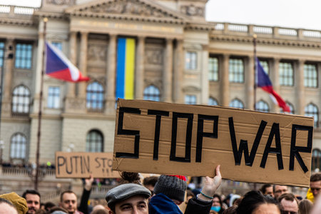 PRAGUE, CZECH REPUBLIC - FEBRUARY 27, 2022: Protest against Russian invasion of Ukraine on the...