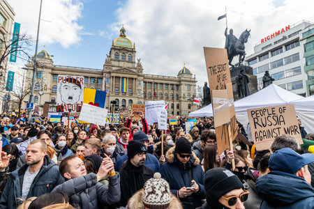 PRAGUE, CZECH REPUBLIC - FEBRUARY 27, 2022: Protest against Russian invasion of Ukraine on the...